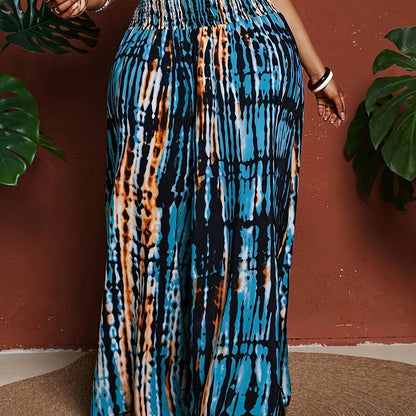 Plus Size Bohemian-style Tie-dye Print Elastic Drawstring Pants