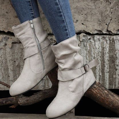 Ankle Boots  Round Toe Buckle Belt Side Zipper Boots