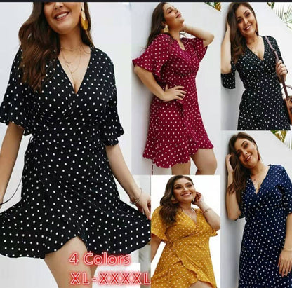 Women's  V-Neck Polka Dot Plus Size  Dress