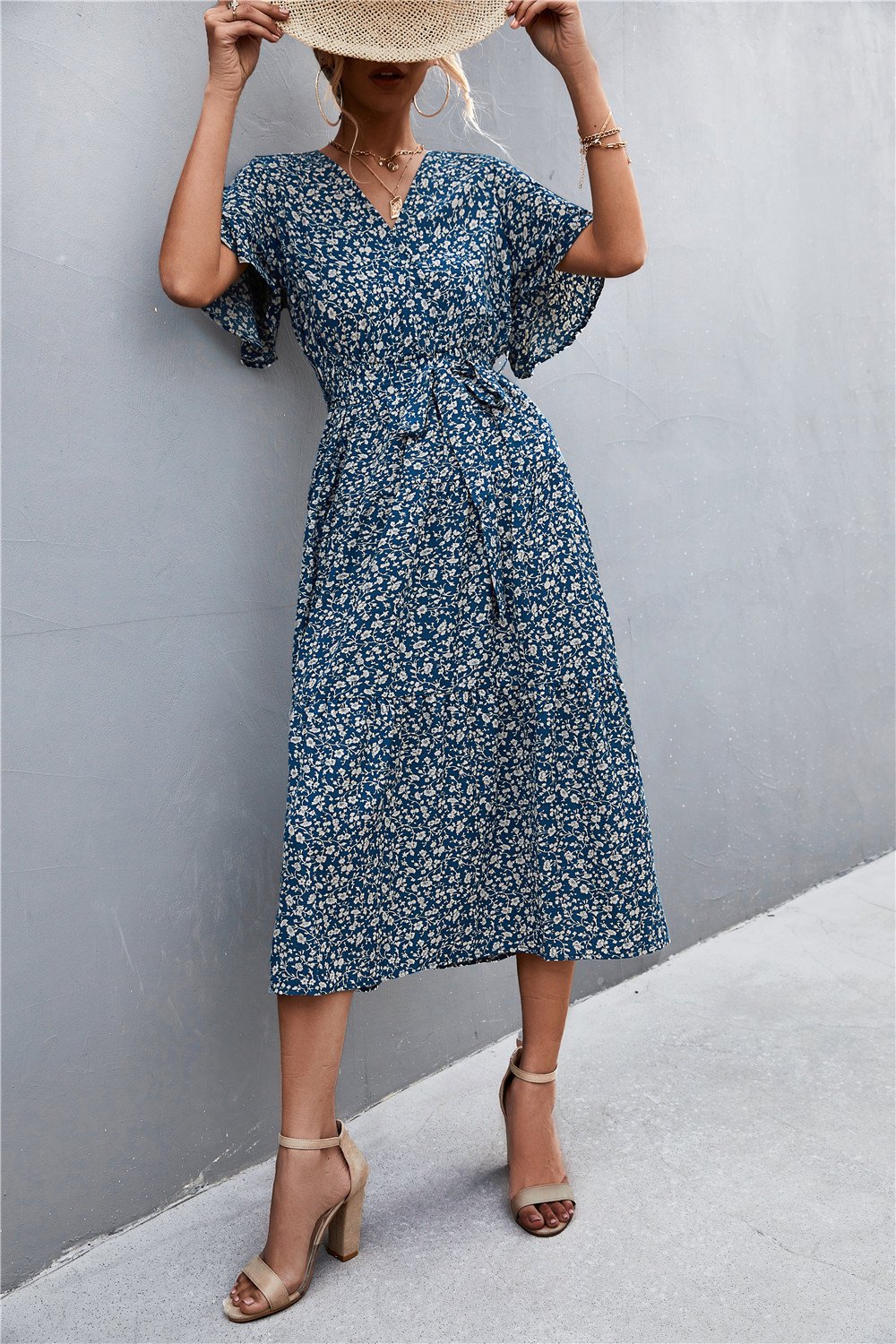 Women's V-Neck Polka Dot Floral Tie Dress
