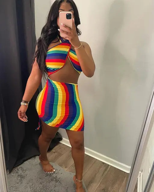 Sexy Rainbow Tie Dye Halter Bodycon Mini Dress for Women