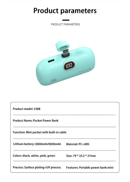 Mini Power Bank 2000/5000mAh Built Cable Portable Mobile Charger Fast Charger