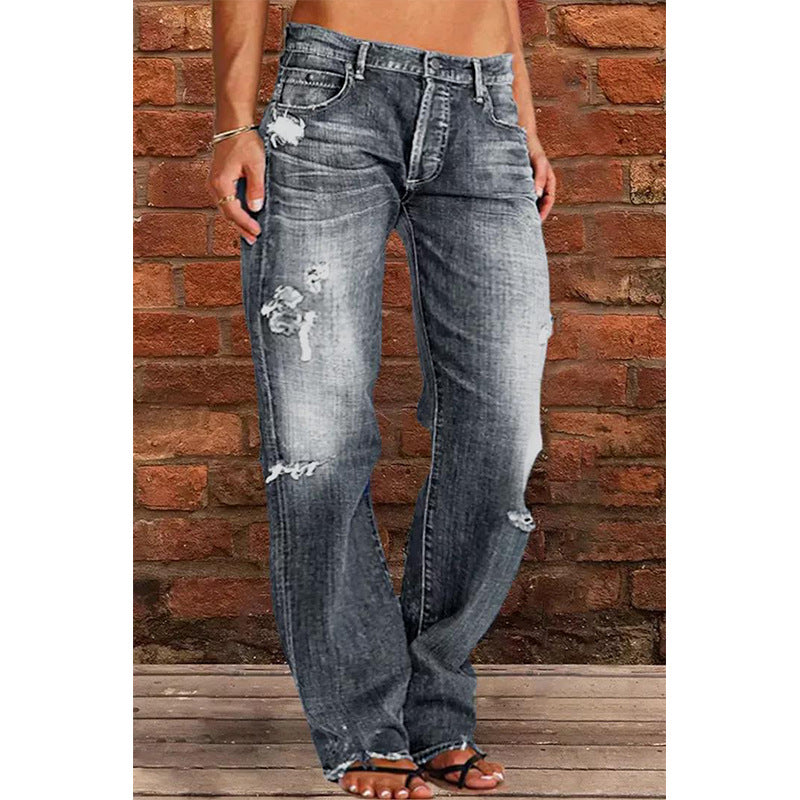 Women's Casual Mid-Waist Distressed Denim Pants