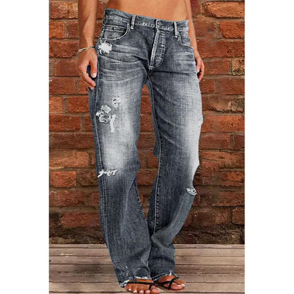 Women's Casual Mid-Waist Distressed Denim Pants