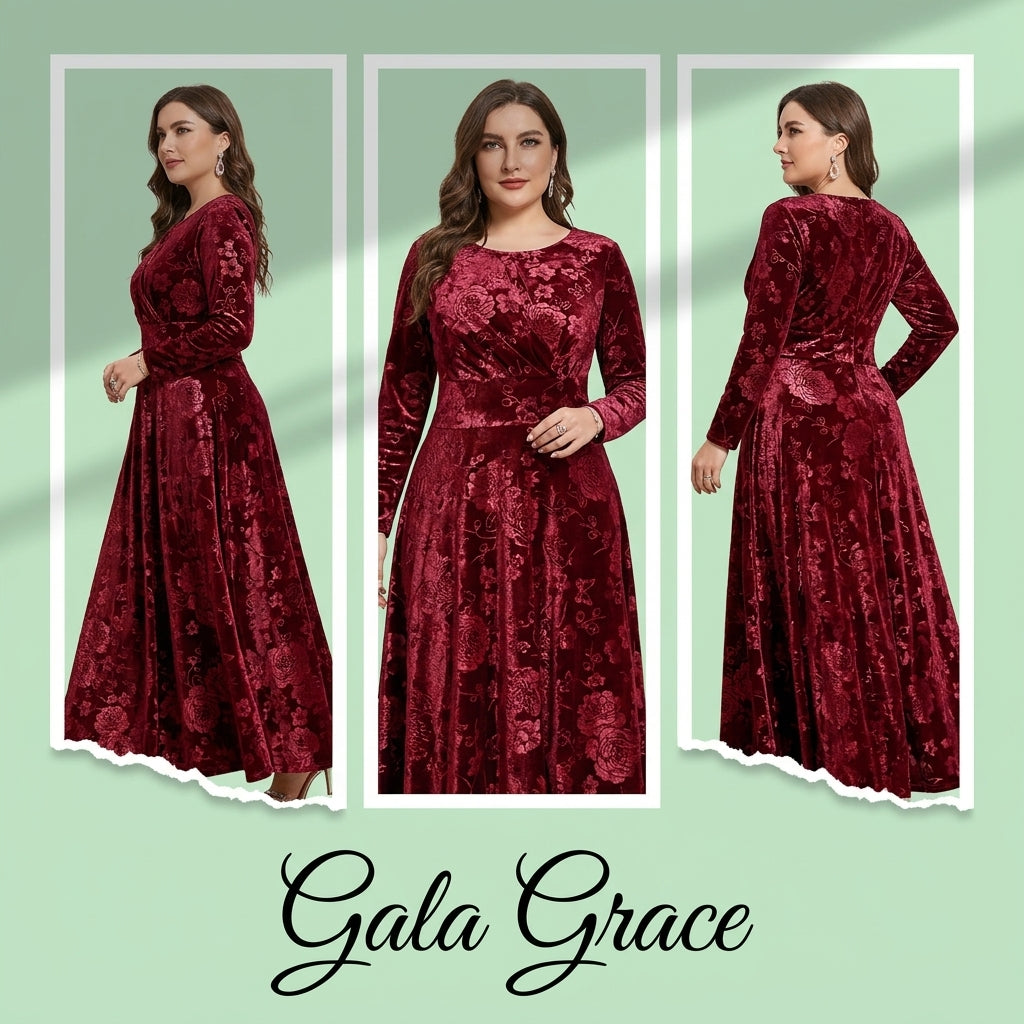 Elegant  Floral Plus Size V-neck Long Sleeve Formal Gown