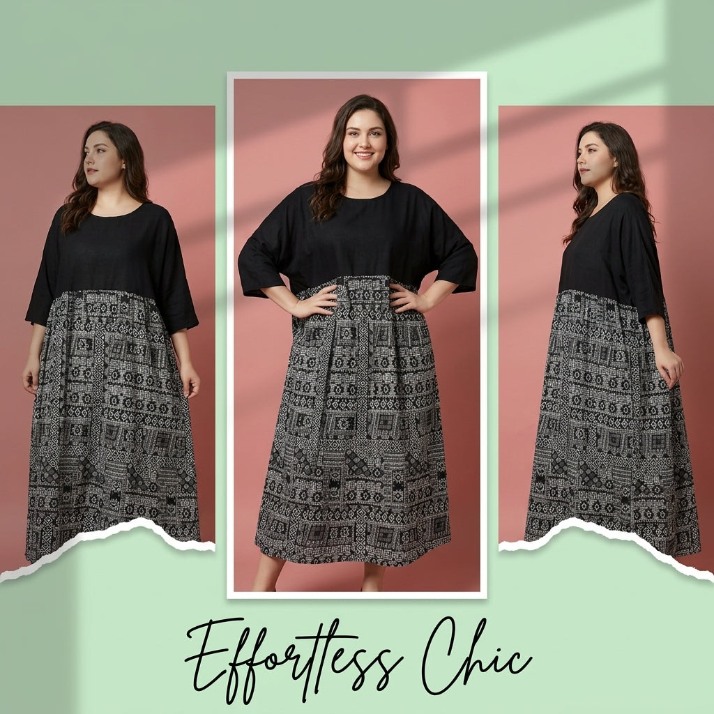 Color block Cotton Linen Short Sleeve Dress Plus Size