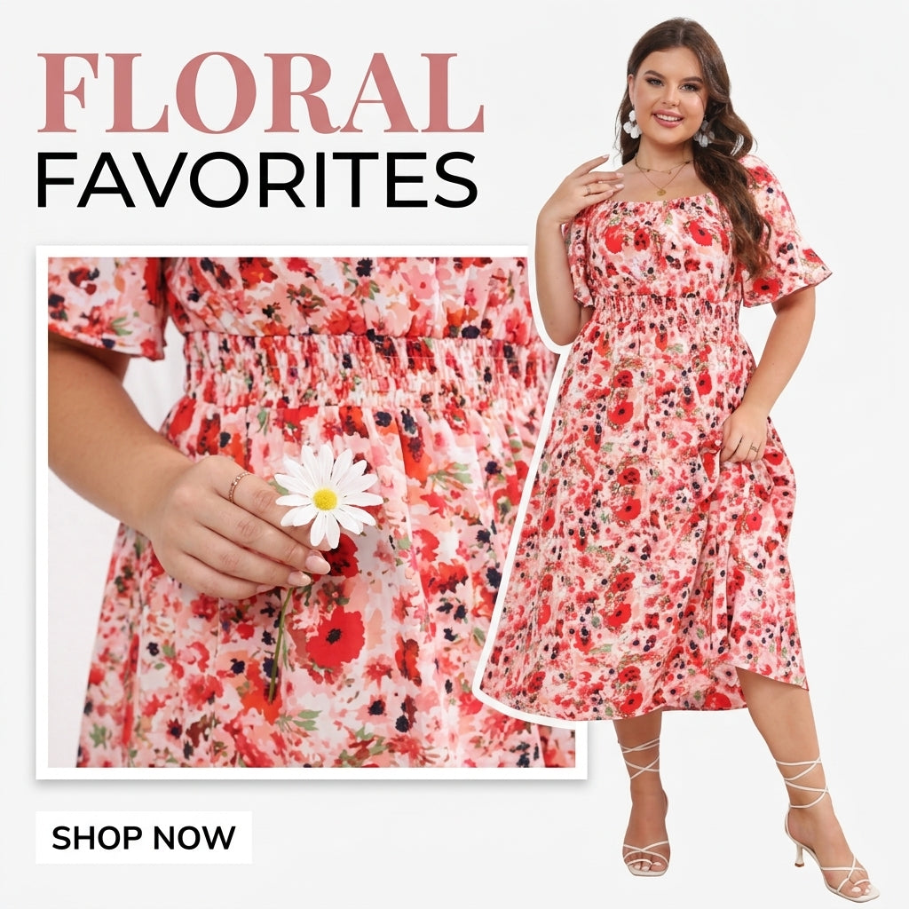Plus Size Women's Floral Square Neck Tea Dress