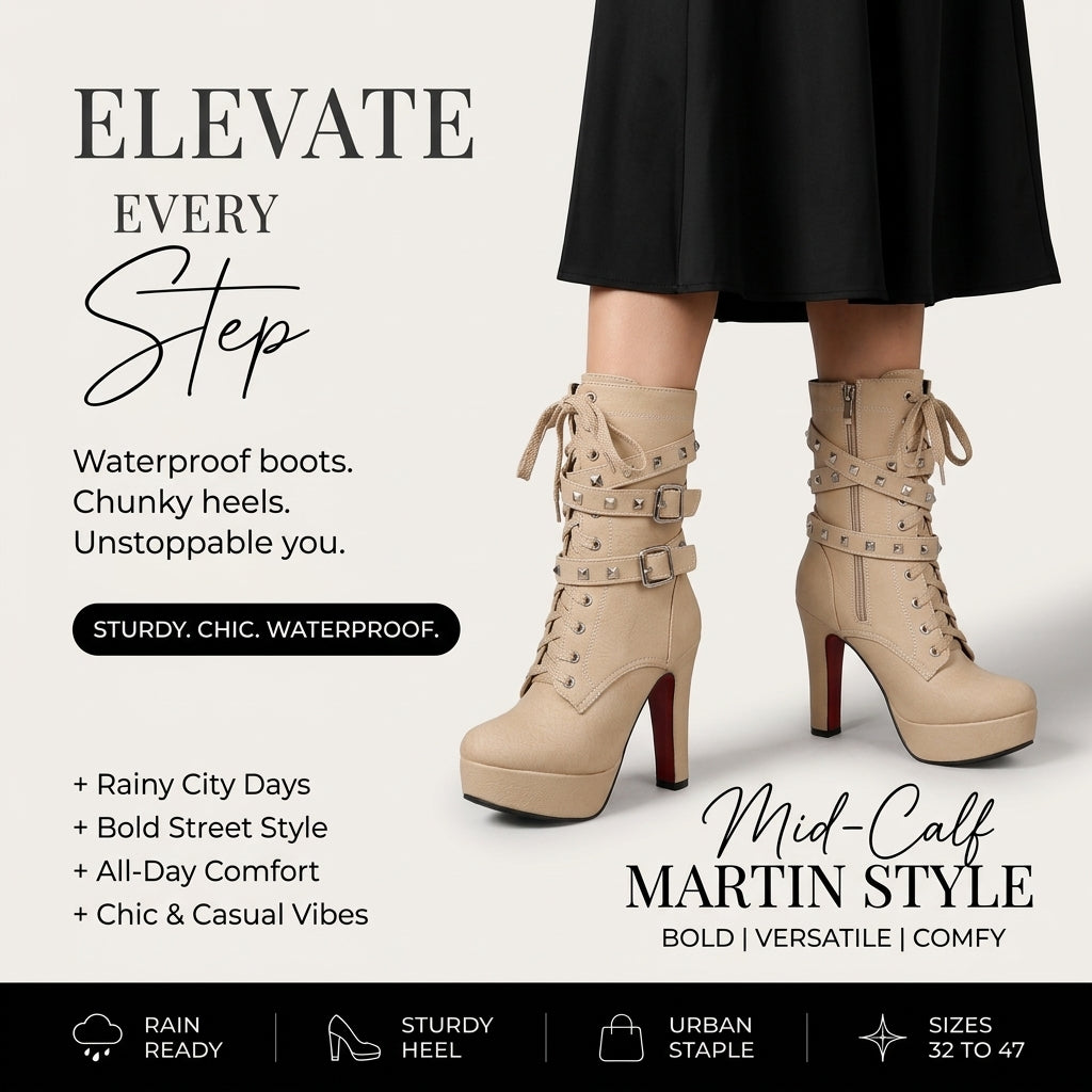 Women's Waterproof Mid-Calf Martin Boots with Heels