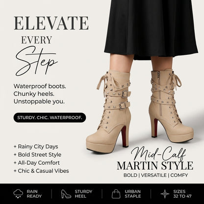 Women's Waterproof Mid-Calf Martin Boots with Heels