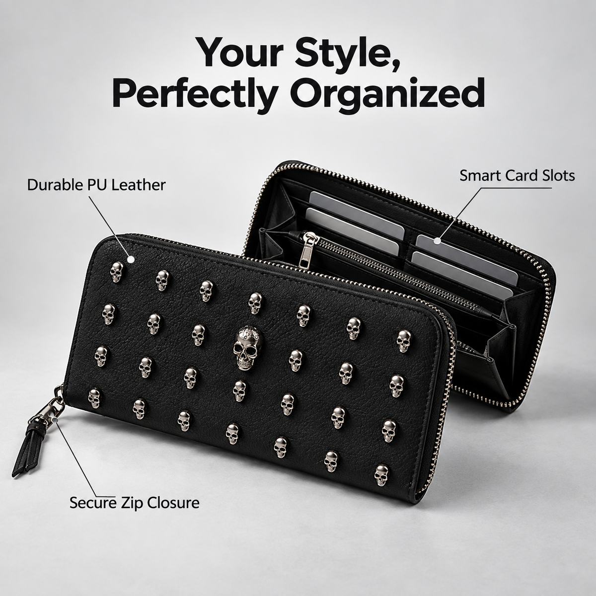 Skull Decor Long Wallet For Women With Card Holder