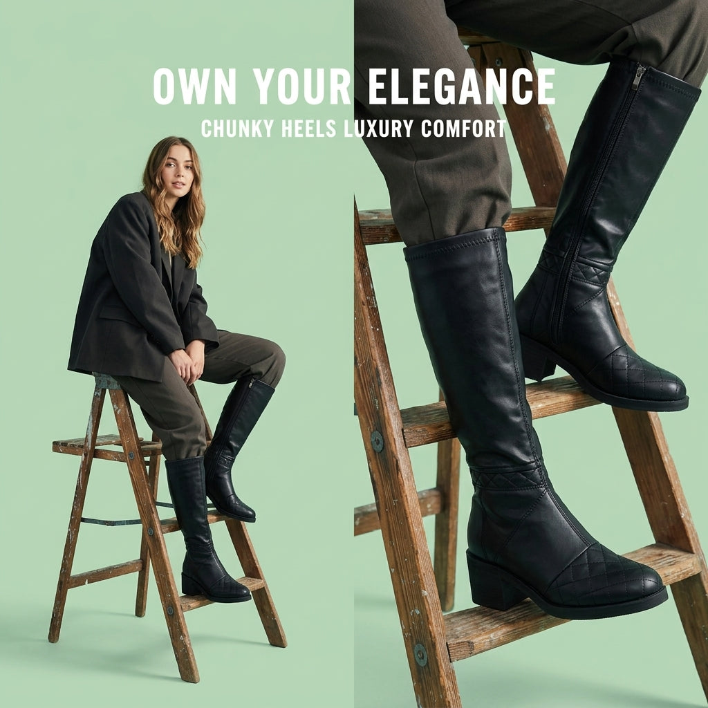 Fashionable Shiny Knight Boots with Chunky Heels