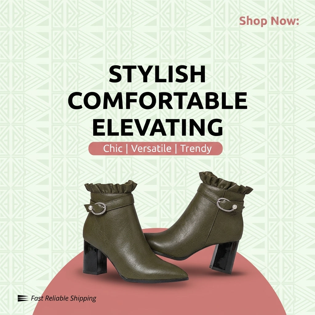 Lace Trim Ankle Boots for Women - Chunky Heels