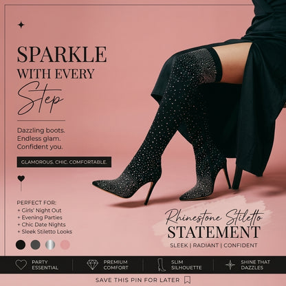 Rhinestone Knee-High Boots with Stiletto Heels
