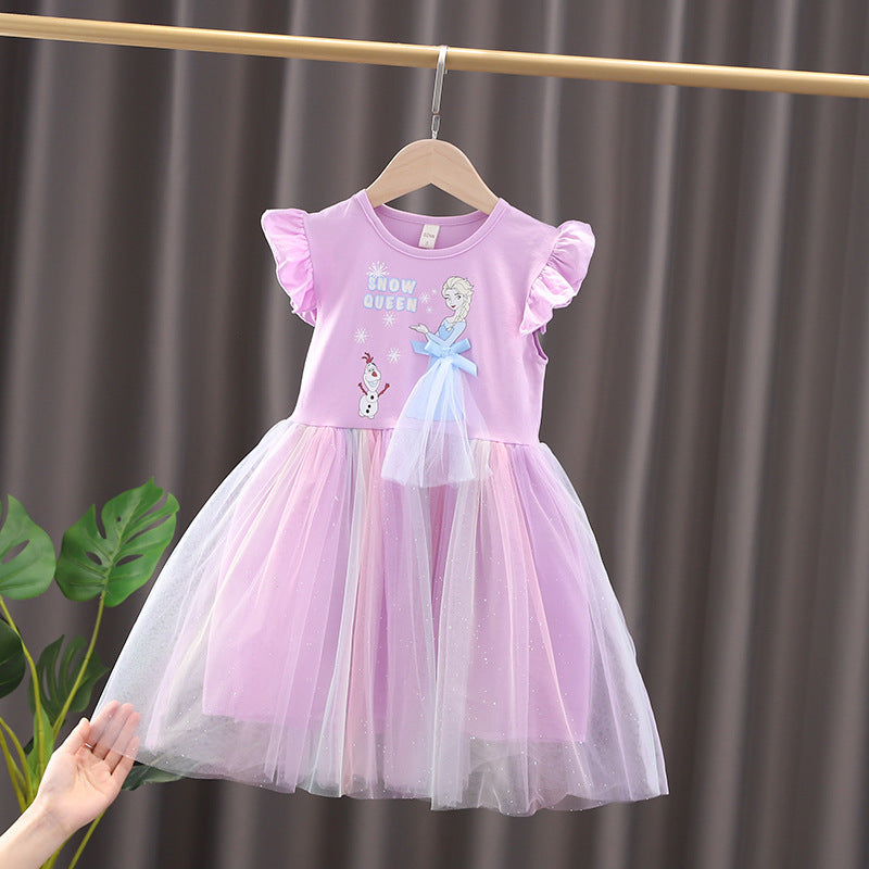 Girls' Summer Frozen Dress with Puff Skirt and Sleeves