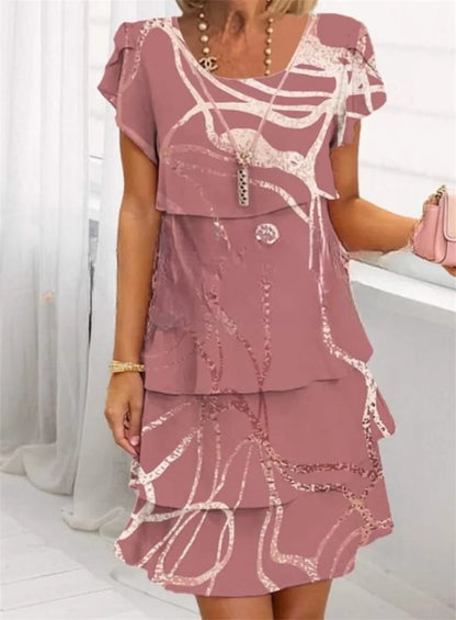 Chiffon Summer Short Sleeve O-Neck Print Loose Party Dresses