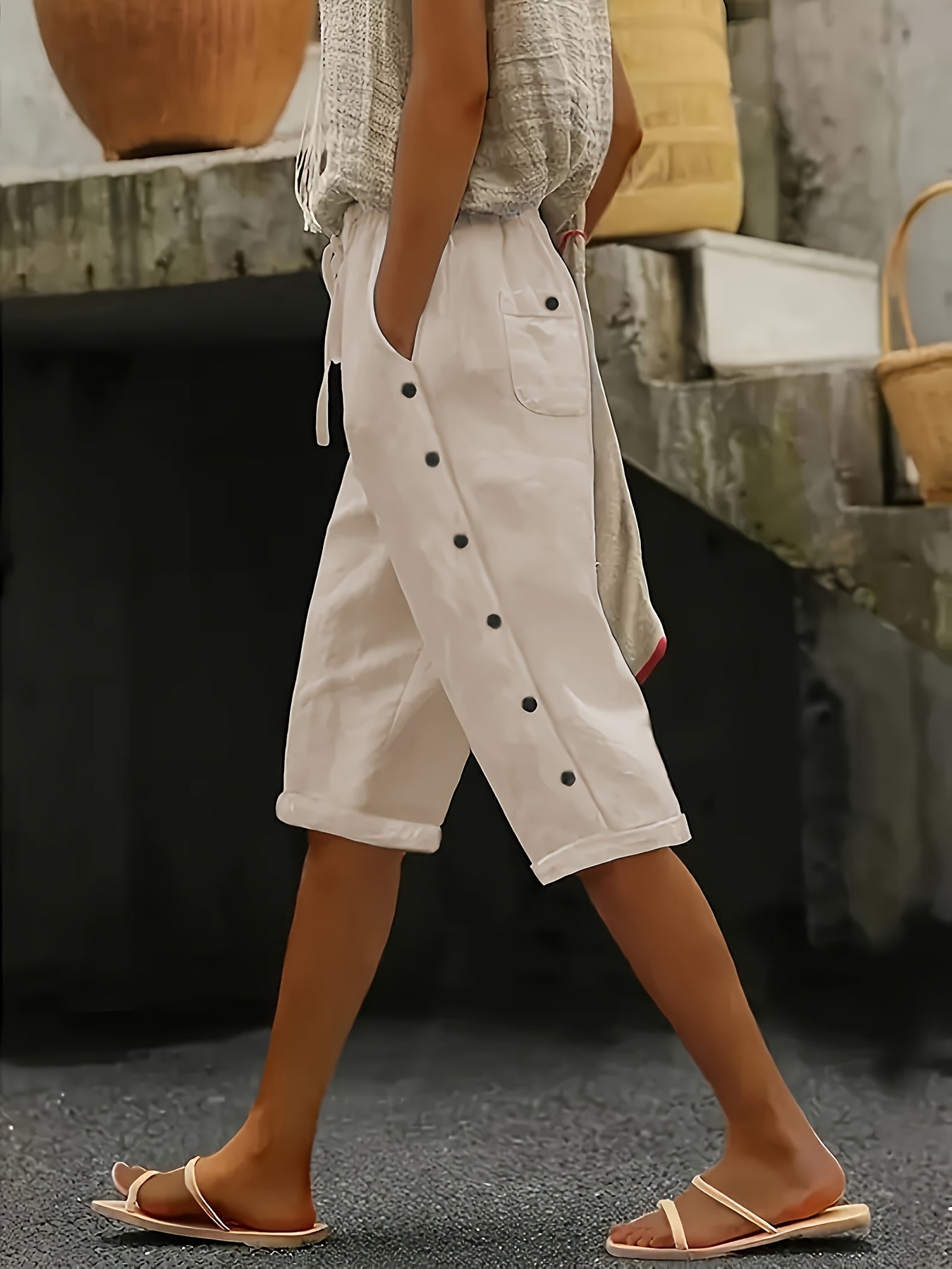 Plus Size Women's Casual Button Pants with Pockets