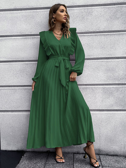 Autumn Winter Women's V-Neck Pleated Dress