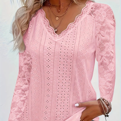 Chic Contrast Lace V-neck Eyelet T-Shirt