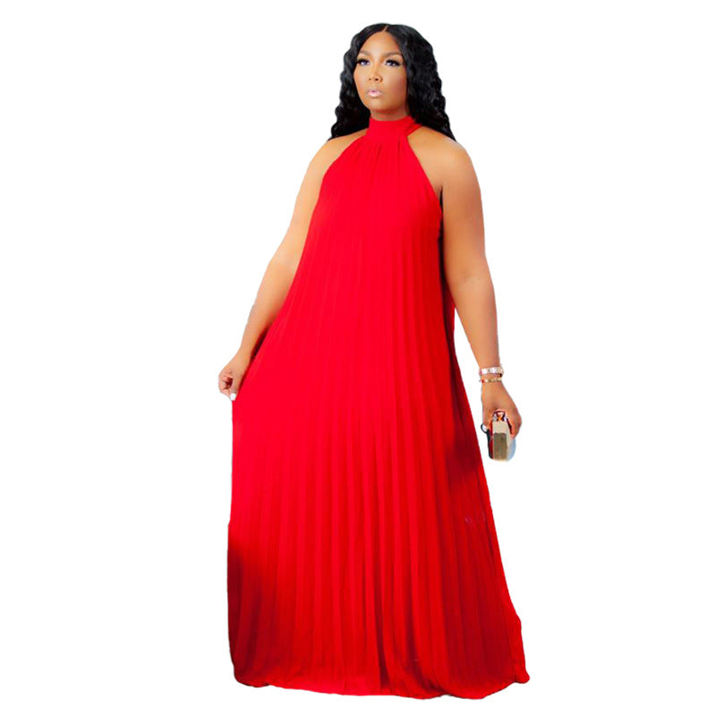 Plus Size Sleeveless Pleated Polyester Dress with Lining