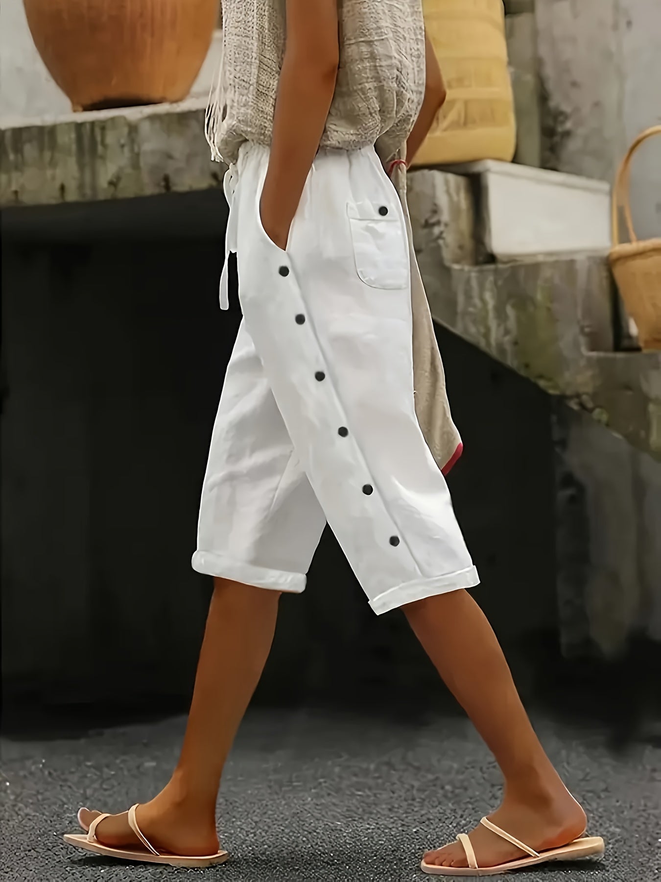 Plus Size Women's Casual Button Pants with Pockets