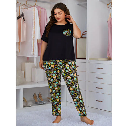 Plus Size Black T-Shirt and Pants Pajama Set for Women