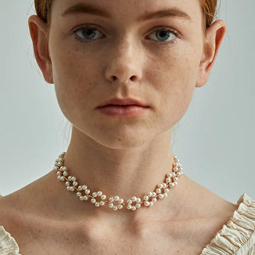 Floral Pearl Choker Necklace - Elegant Woven Design