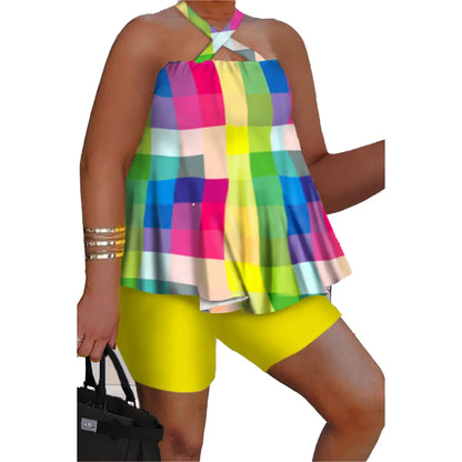 Plus Size Women's Graffiti Print Halter Top & Shorts Set