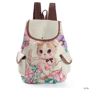 Mochila de estudiante con estampado de gato, mochila de lino para mujer