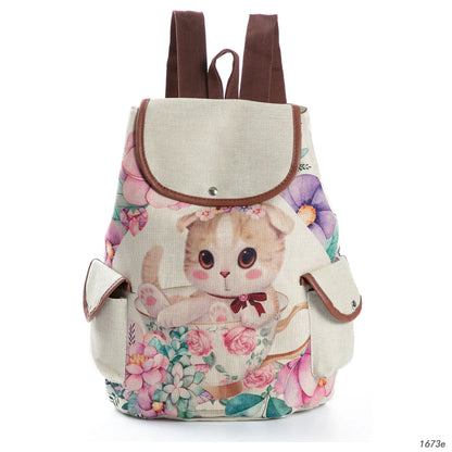 Cat Print Student Backpack, Linen Women's Backpack