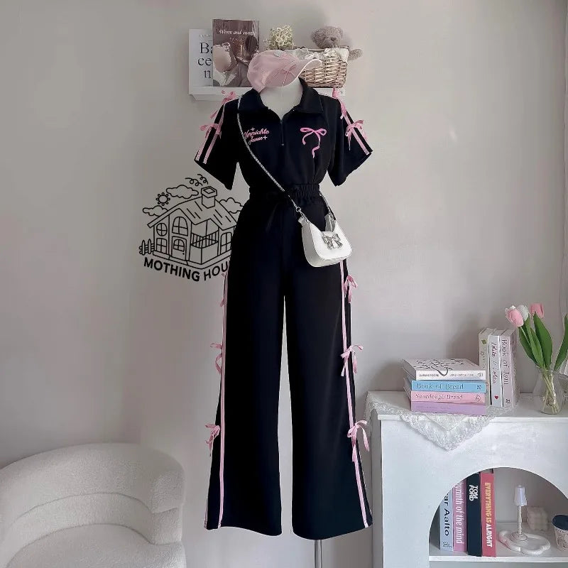 Sweet Suit Women's Bow-tie Printed POLO Shirt  Wide-leg Trousers Two-piece Set