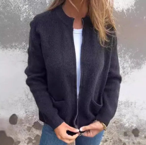 Solid Color Zip-Up Casual Cardigan Sweater