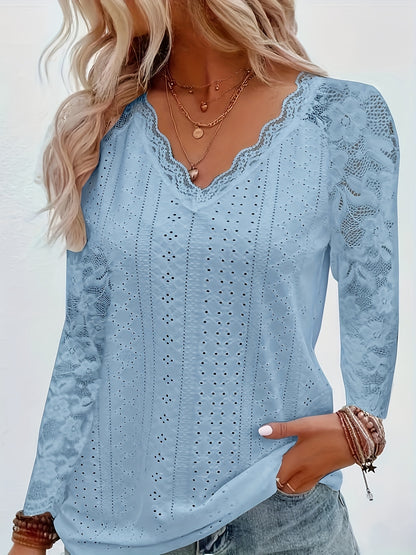 Chic Contrast Lace V-neck Eyelet T-Shirt