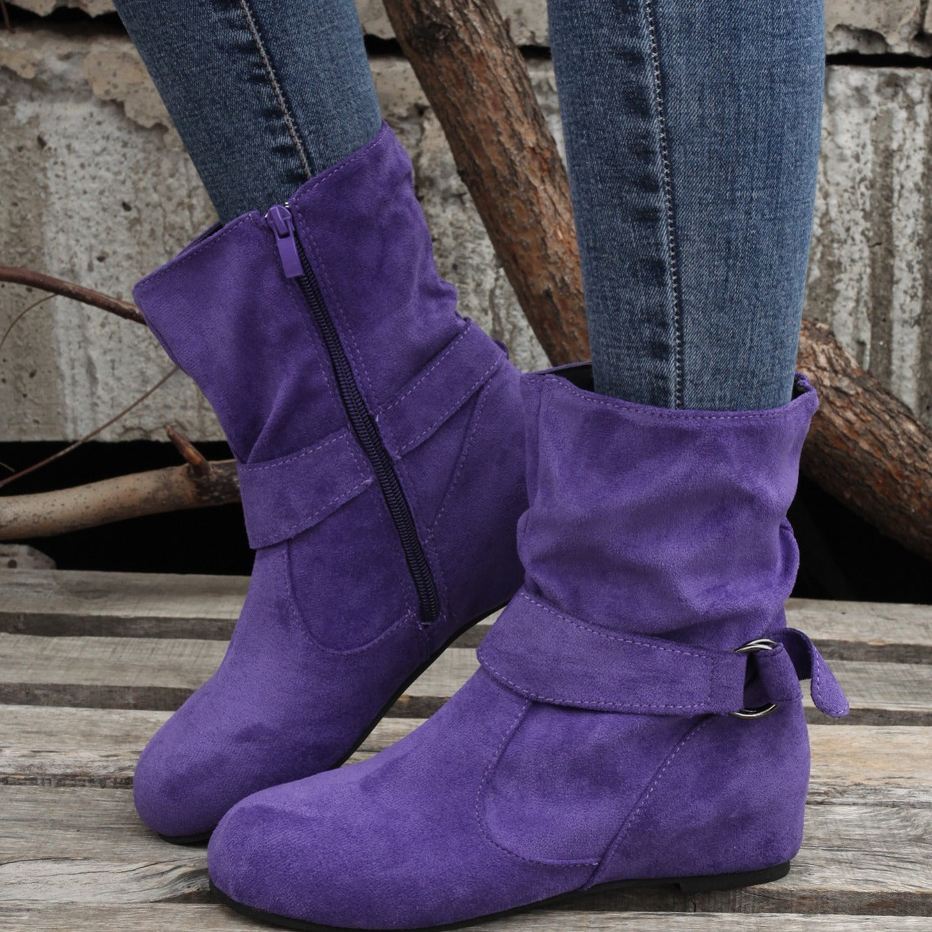 Ankle Boots  Round Toe Buckle Belt Side Zipper Boots