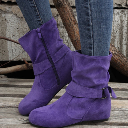 Ankle Boots  Round Toe Buckle Belt Side Zipper Boots
