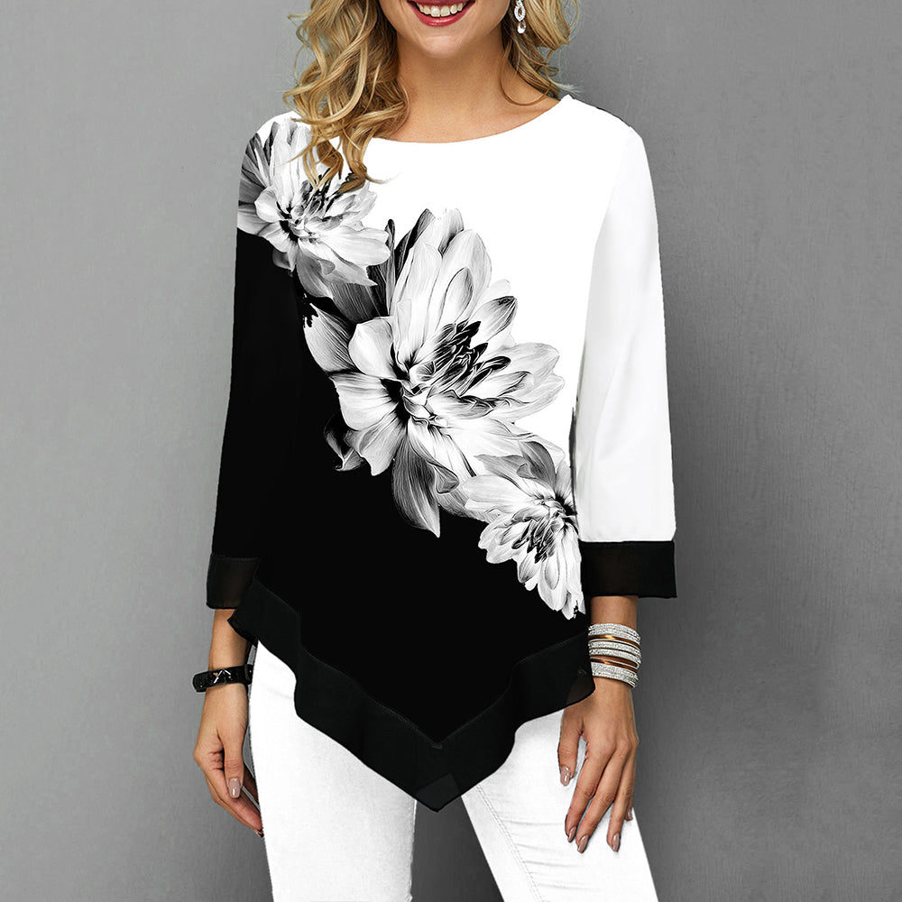 3D Floral Print Women's T-Shirt with Loose Hem