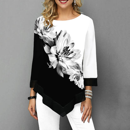 3D Floral Print Women's T-Shirt with Loose Hem