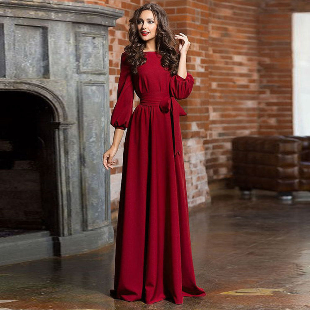 Plus Size Long Sleeve Evening Dress with Bow Tie