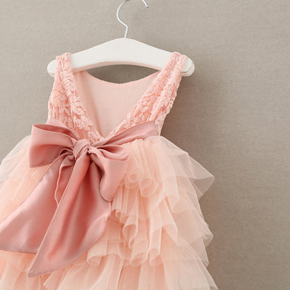 Rose Bow Puffed Princess Dress for Girls with Lace