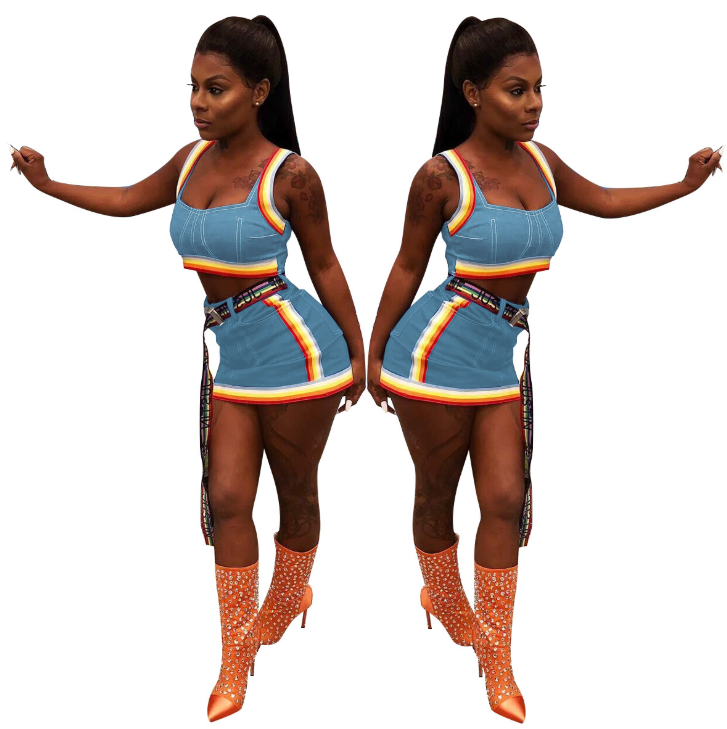 Colorful Striped Denim Skirt and Casual Two-Piece Set