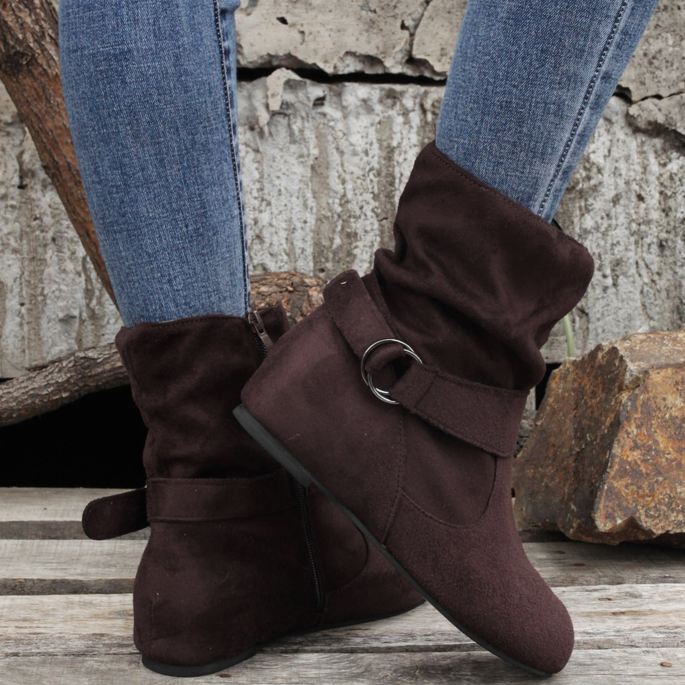 Ankle Boots  Round Toe Buckle Belt Side Zipper Boots