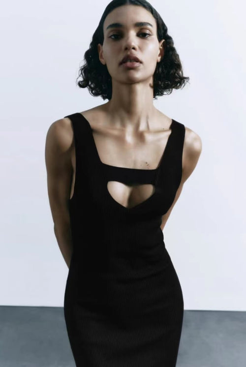 V-neck Off-Shoulder Knitted Sleeveless Dress
