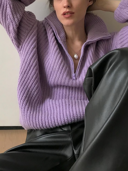 Women's Thick Casual Zipper Lapel Knit Sweater