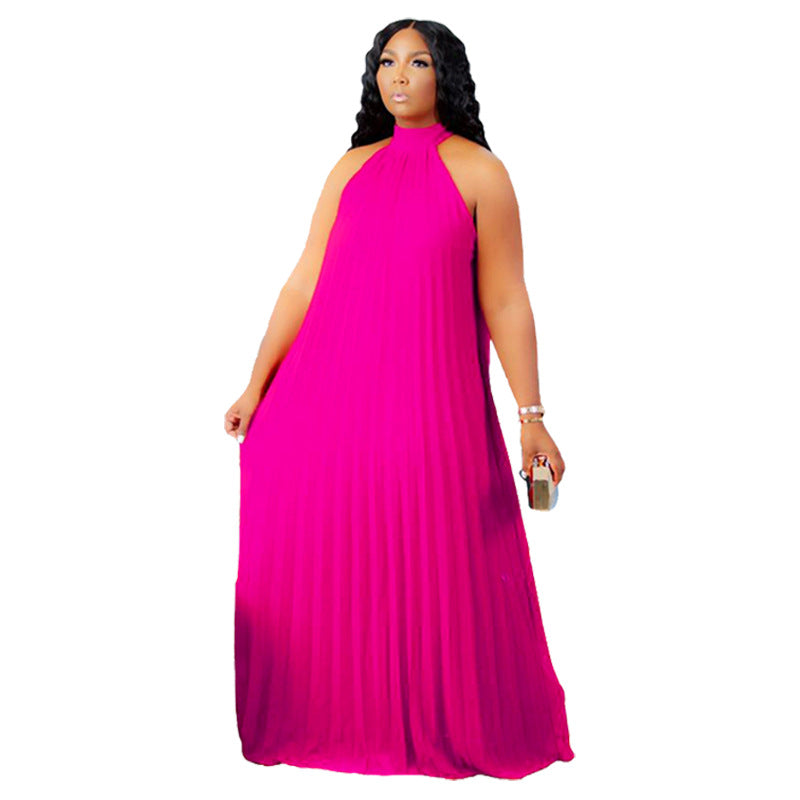 Plus Size Sleeveless Pleated Polyester Dress with Lining