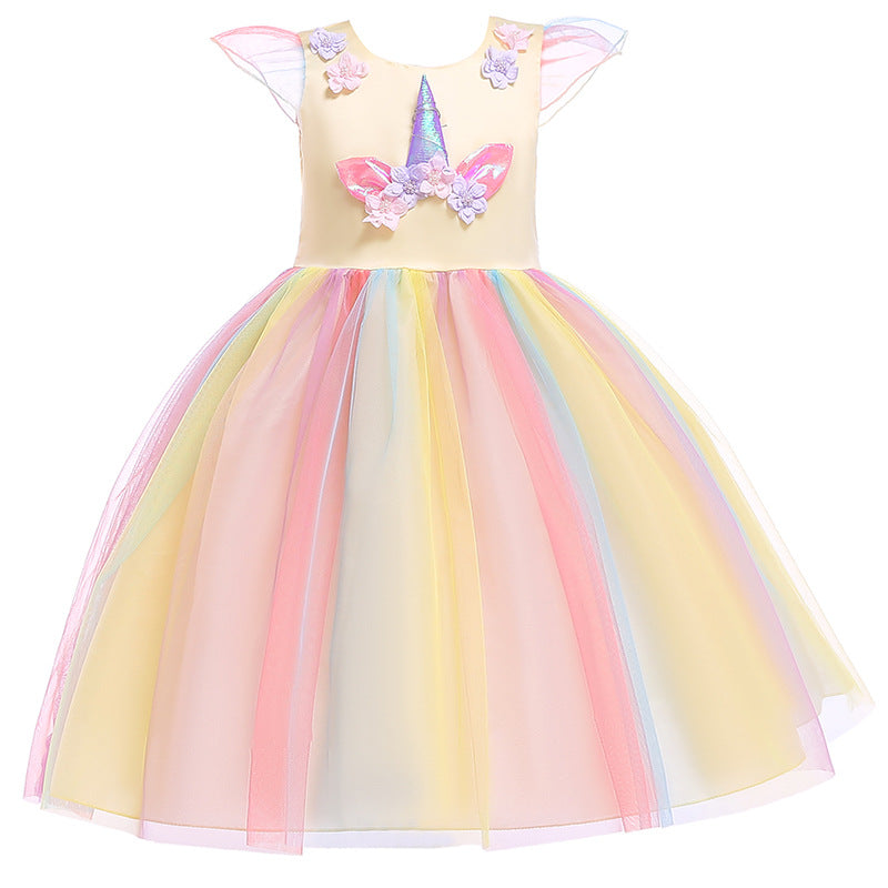 Unicorn Ruffle Sleeve Rainbow Dress for Girls