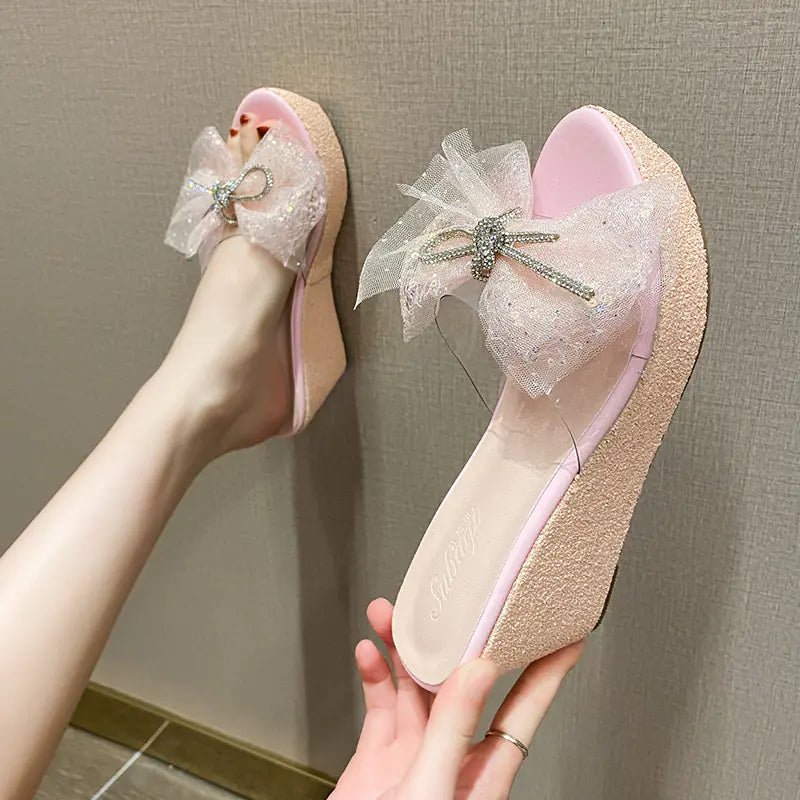 Wedge High Heel Platform Bow Rhinestone Sandals
