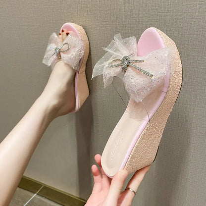 Wedge High Heel Platform Bow Rhinestone Sandals