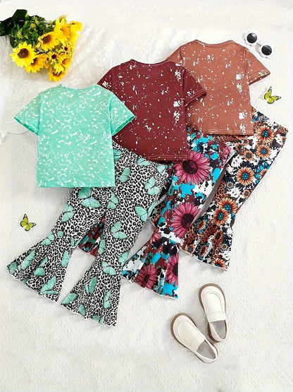 Floral Leopard Print Butterfly 'LOVE' Letter Graphic Short-Sleeve T-Shirt and Flared Long Pants
