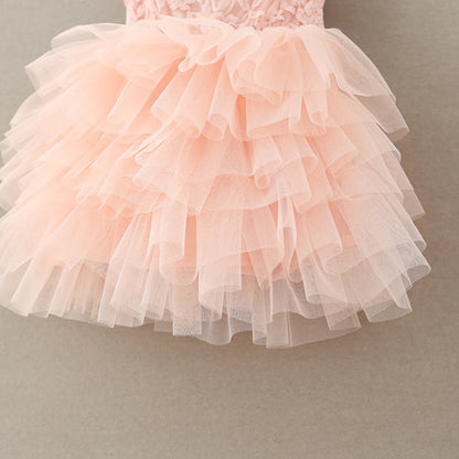 Rose Bow Puffed Princess Dress for Girls with Lace