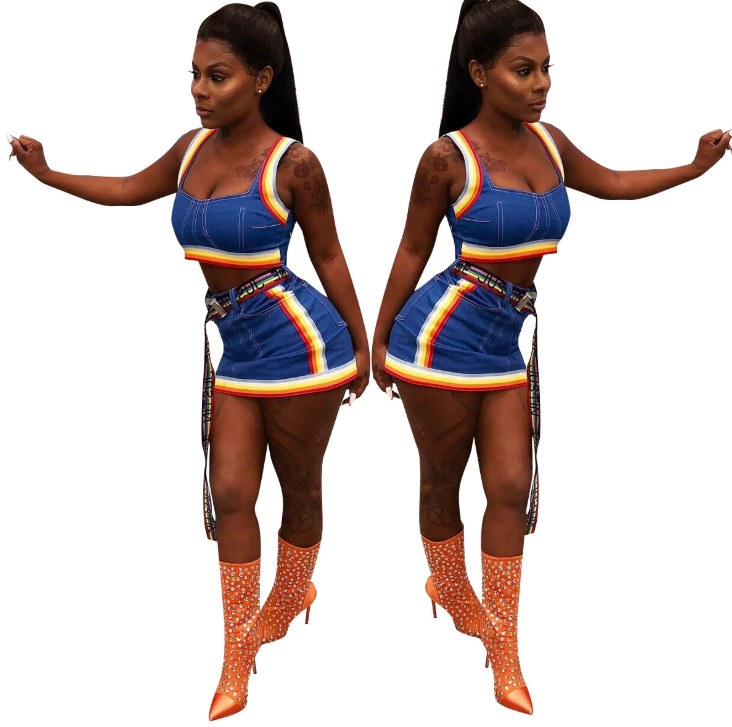 Colorful Striped Denim Skirt and Casual Two-Piece Set