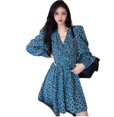 Retro High Street V-Neck Floral Shirt Dress for Women